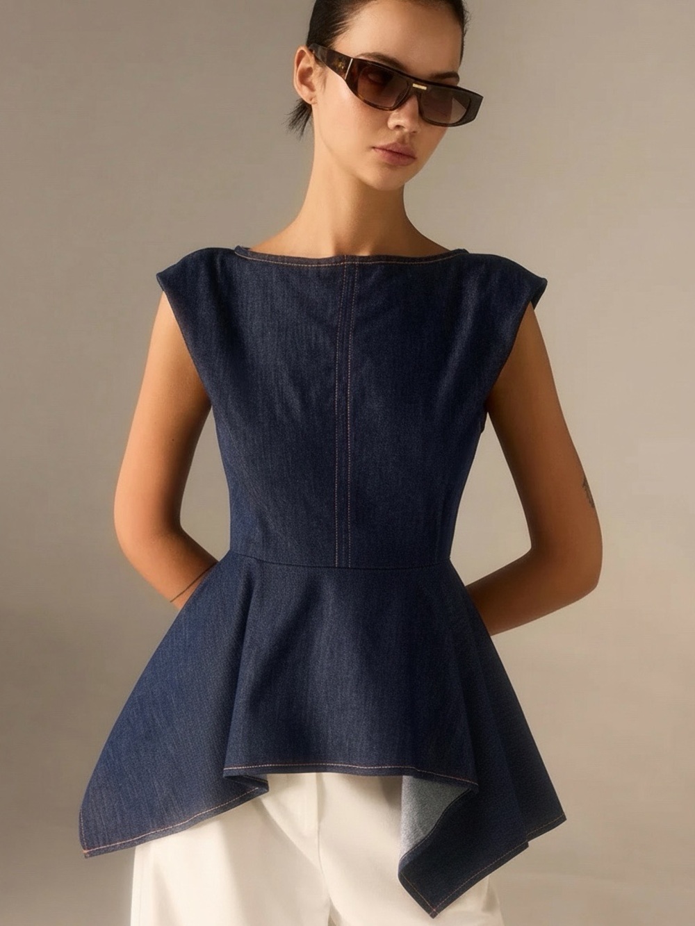 Commense Denim Peplum Belted Top with Asymmetric Hem